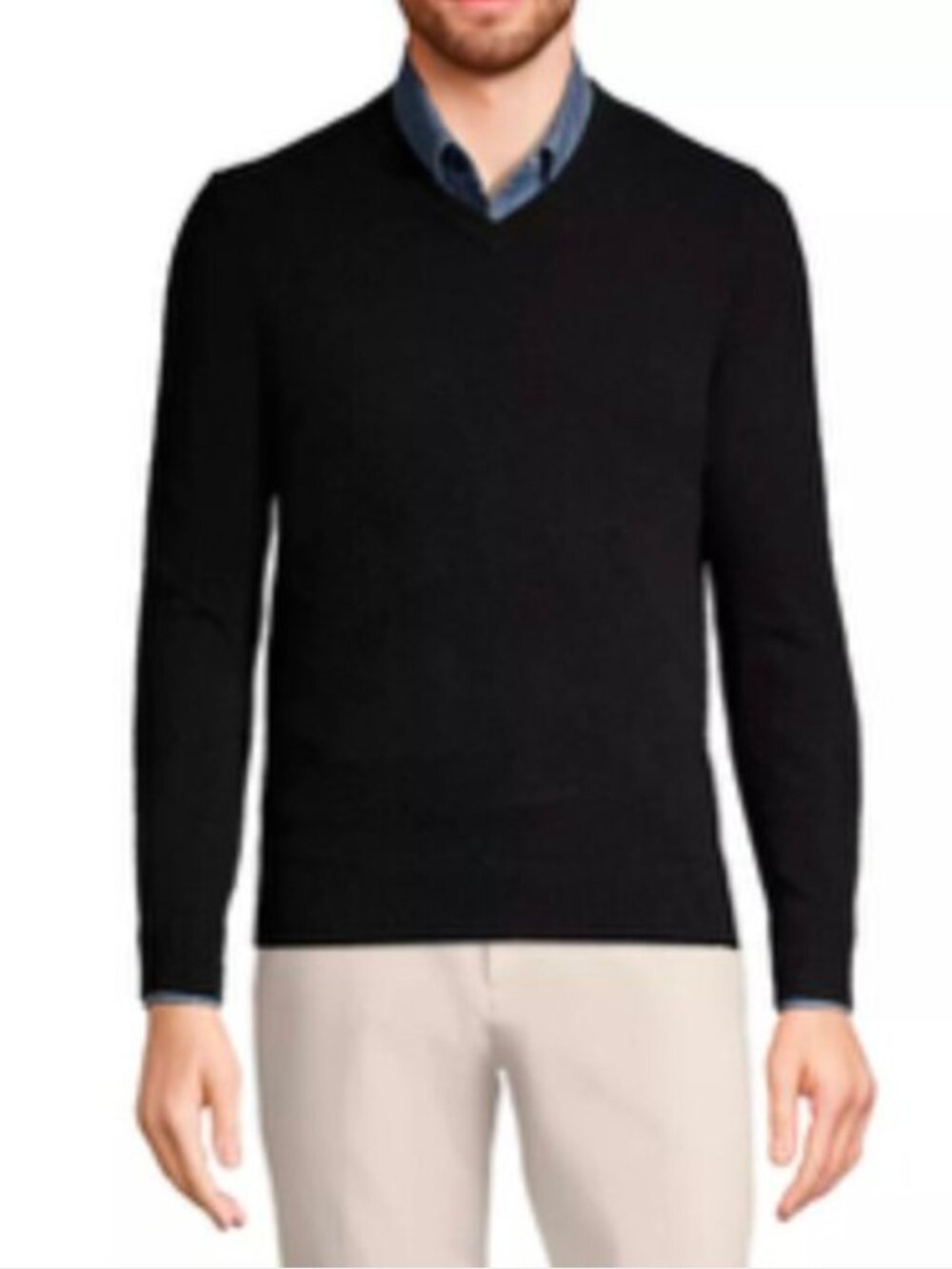 LANDS END Black 100% Cashmere V Neck Pullover Sweater Lg